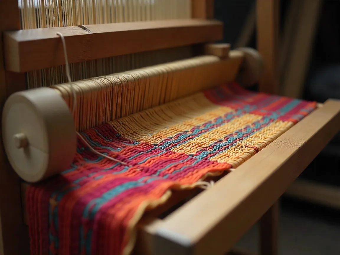 Weaving workshop with loom and colorful threads