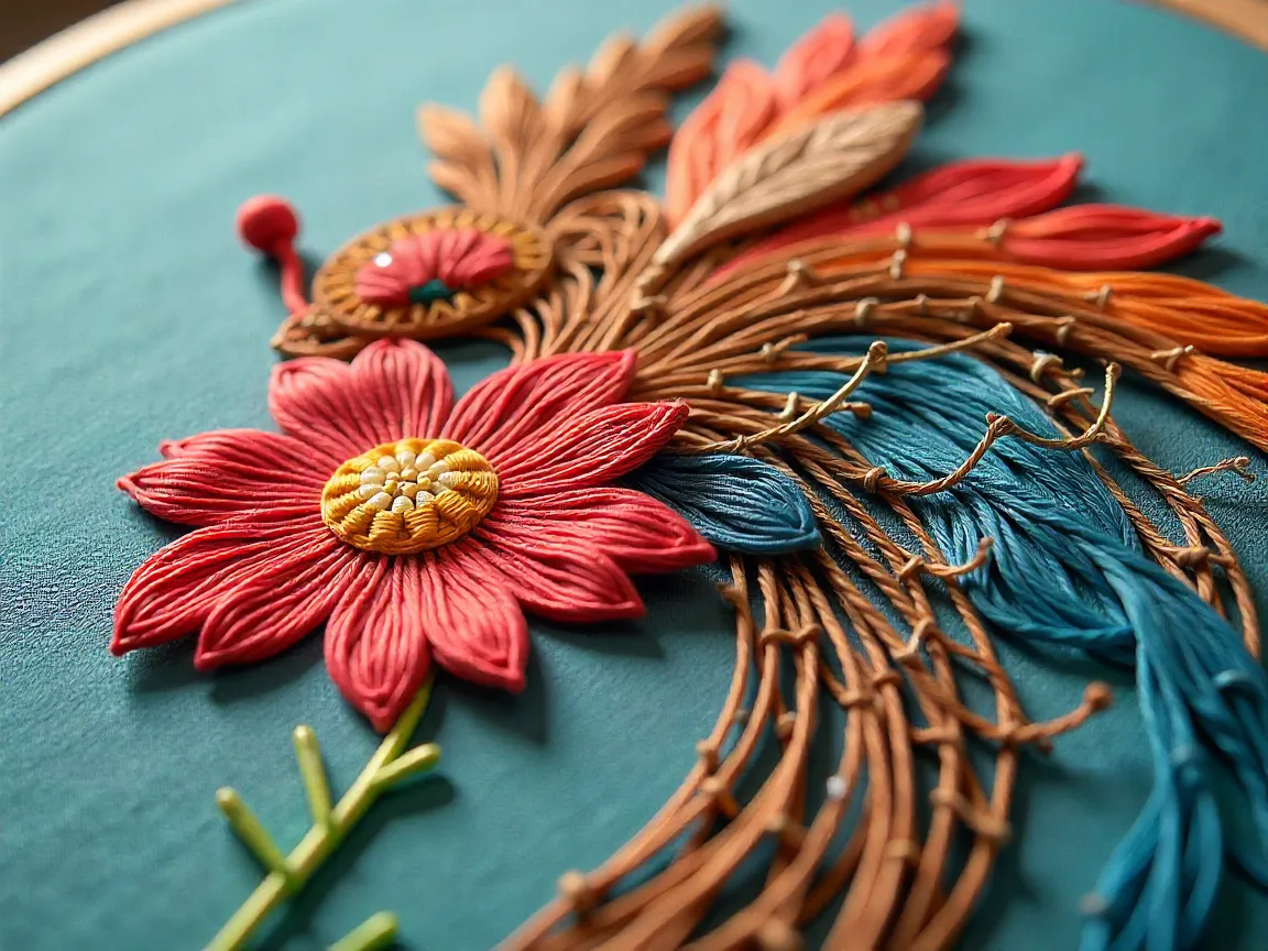 Embroidery class with needles and colorful threads