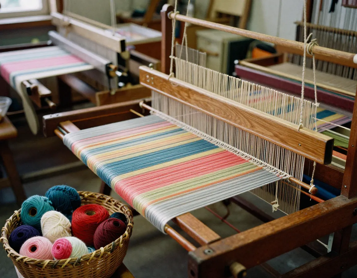 Weaving workshop with loom and colorful threads