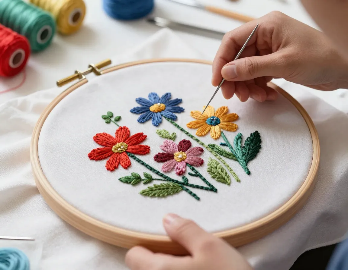 Embroidery class with needles and colorful threads