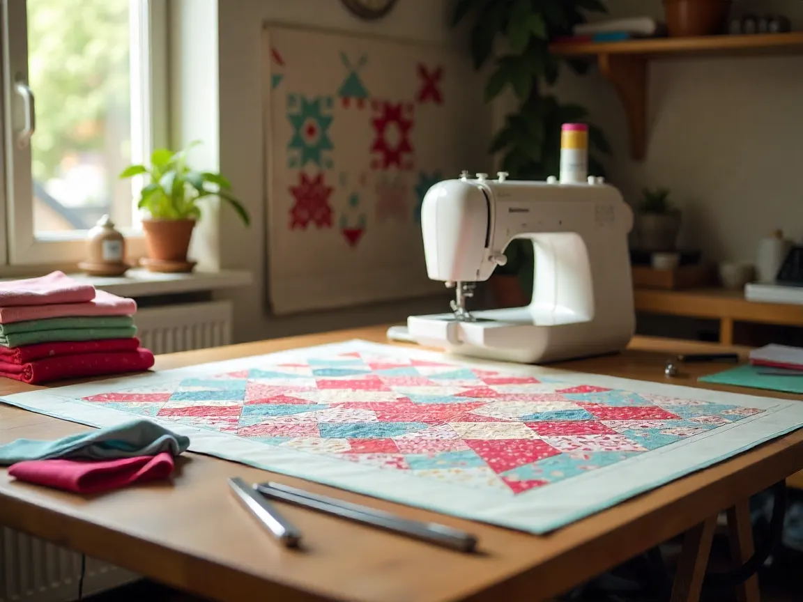 Quilting studio workspace with fabrics and tools