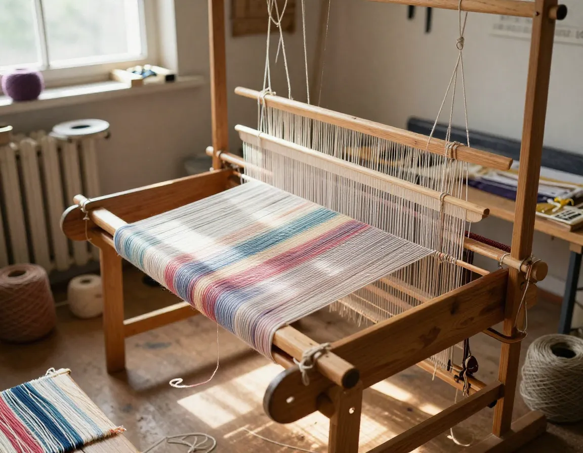 Weaving workshop with loom and colorful threads