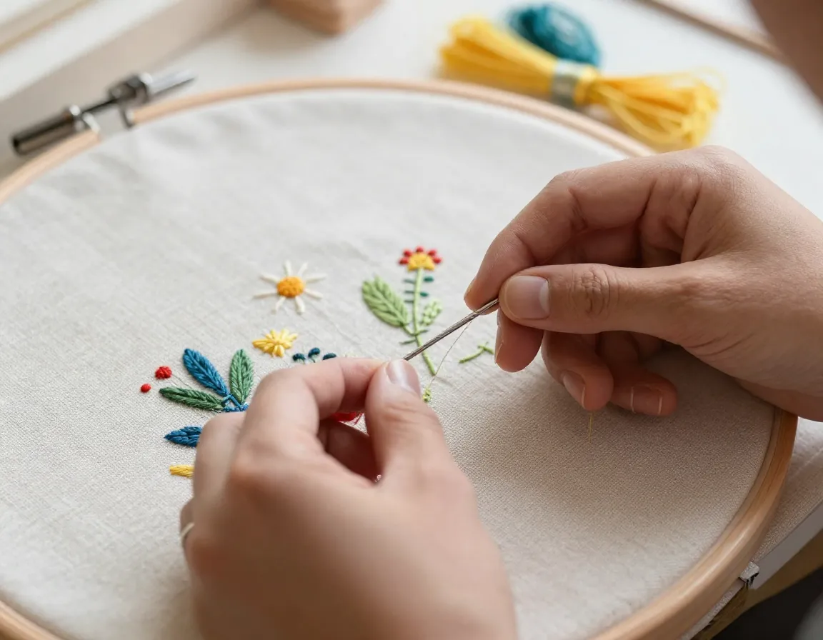 Embroidery class with needles and colorful threads