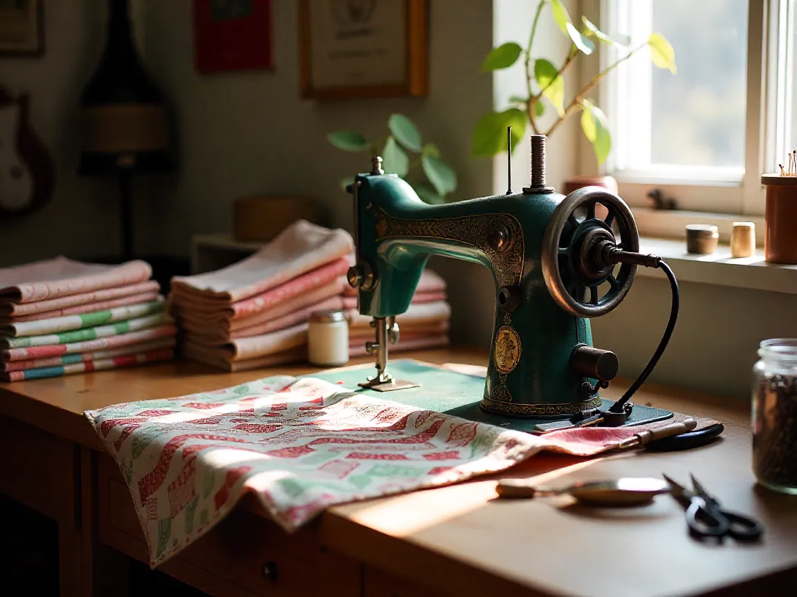 Quilting studio workspace with fabrics and tools